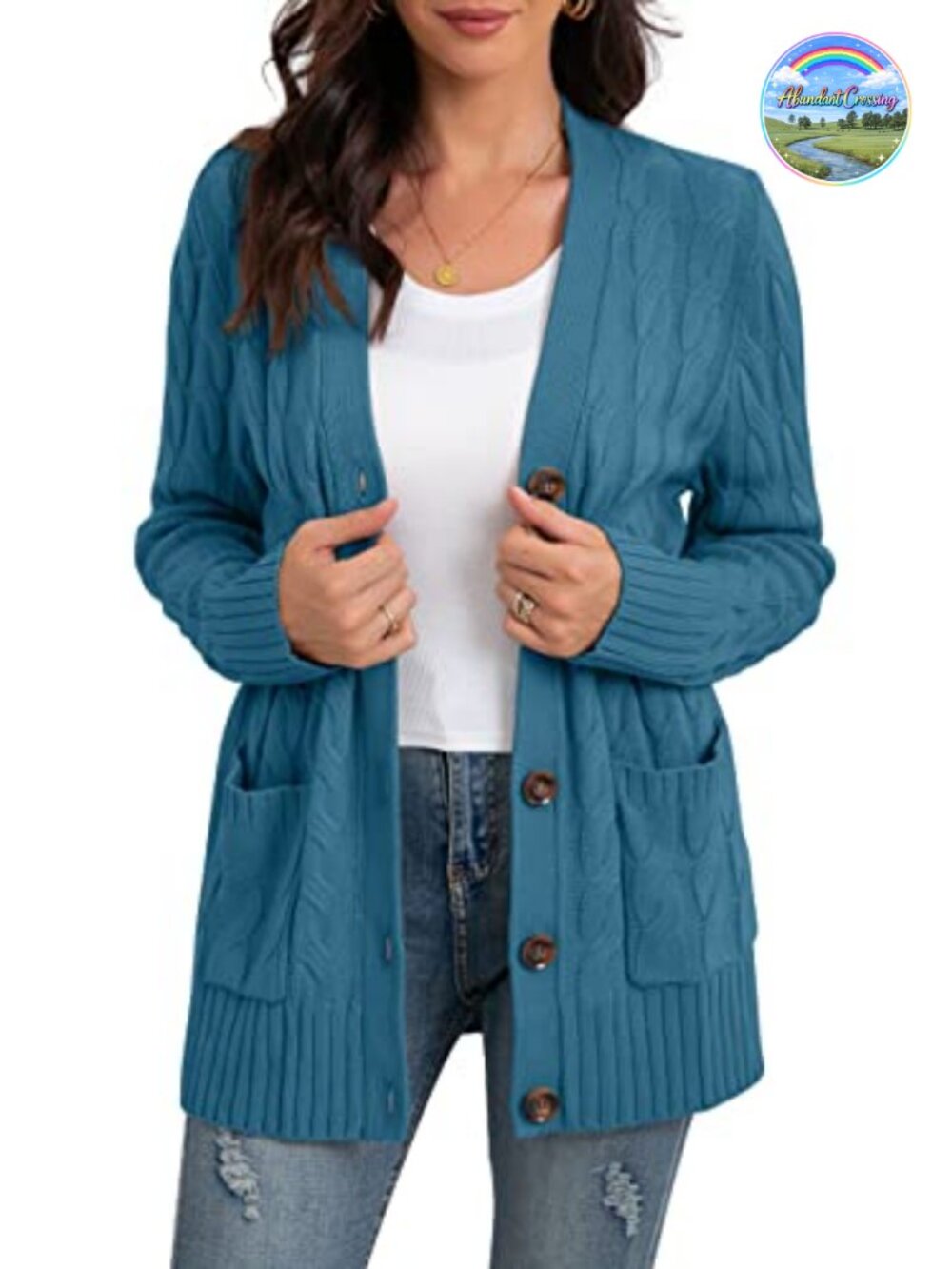 Womens Long Sleeve Cable Knit Cardigan Sweater with Pockets Button